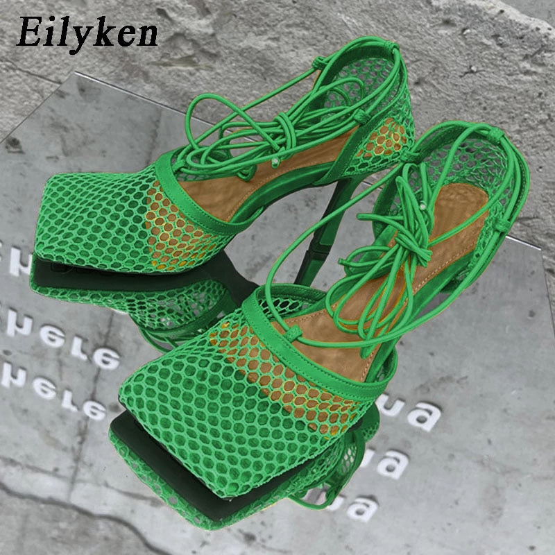 Eilyken 2022 New Sexy Yellow Mesh Pumps Sandals Female Square Toe High Heel Lace Up Cross-Tied Stiletto Hollow Dress Shoes