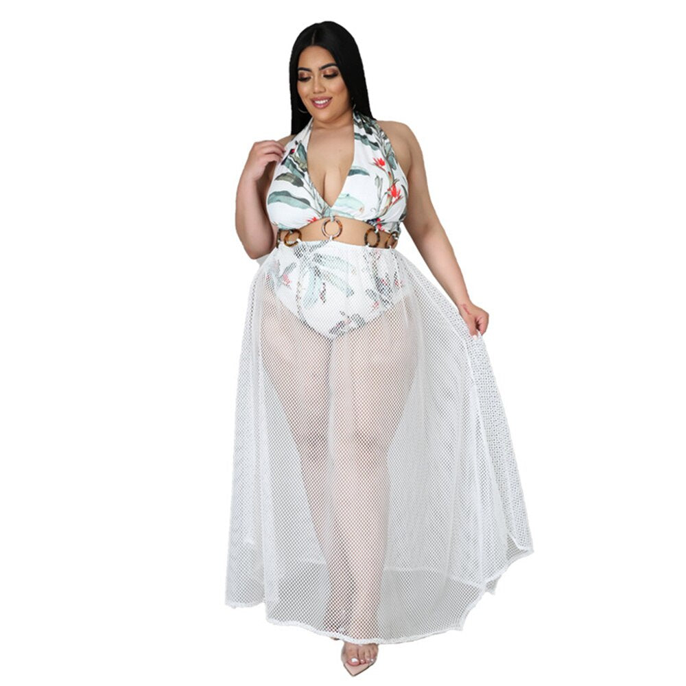 Women's Dress Sexy Deep V Buckle Hanging Neck Backless Lace-up Polyester Mesh Stitching Plus Size Dresses Wholesale Dropshipping