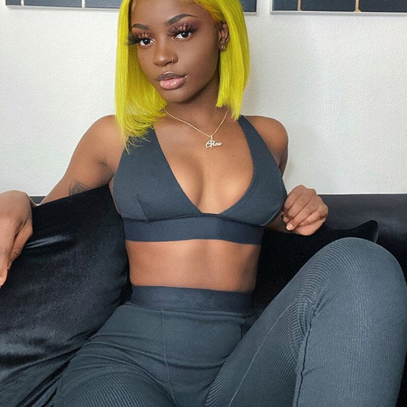Fitness Knit Rib Tracksuit Women Summer Sexy Lounge wear V Neck Backless Crop Top with Sweatpants Two Piece Set Jogging Femme
