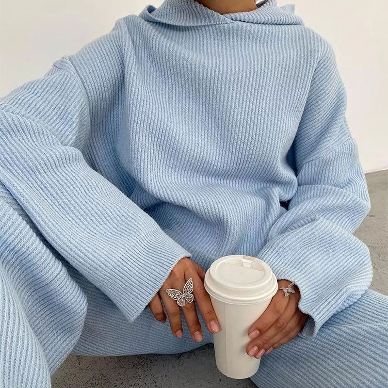 Autumn Knitted Sweat Suits Women Matching Sets Long Sleeve Hoodie+wide-legged Pants Loungewear Sweater Set Two Piece Outfits
