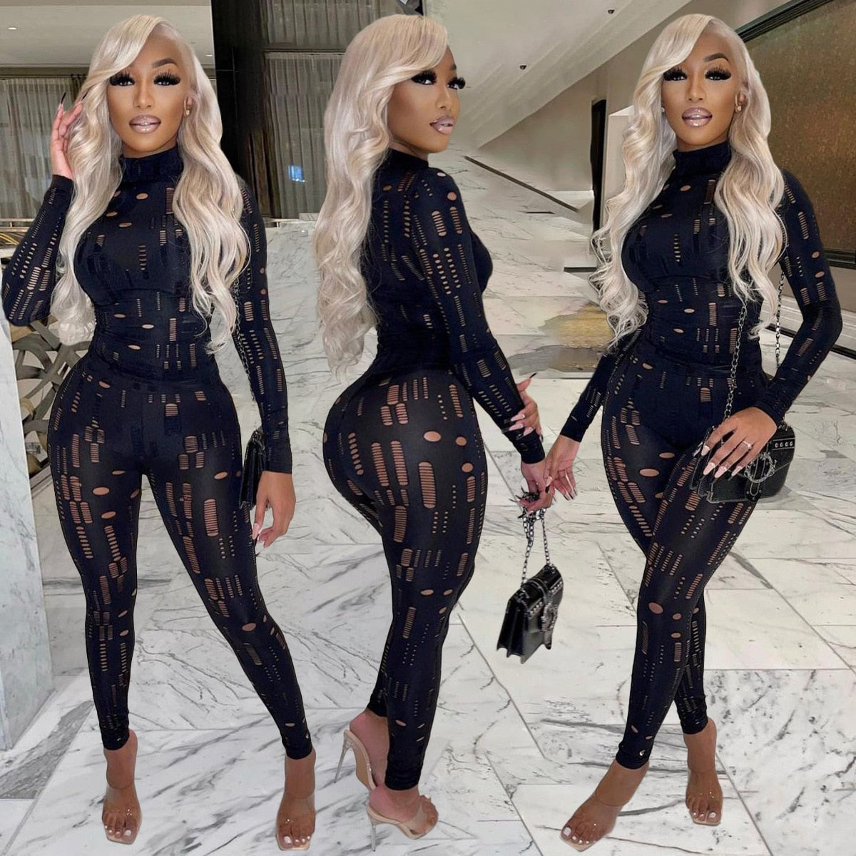 Irregular Hole Fall Trend Skinny  Women Tracksuit Sexy Hollow Out  Top T-Shirt + Slim Pencil Pants 2 Piece Matching Set Outfits