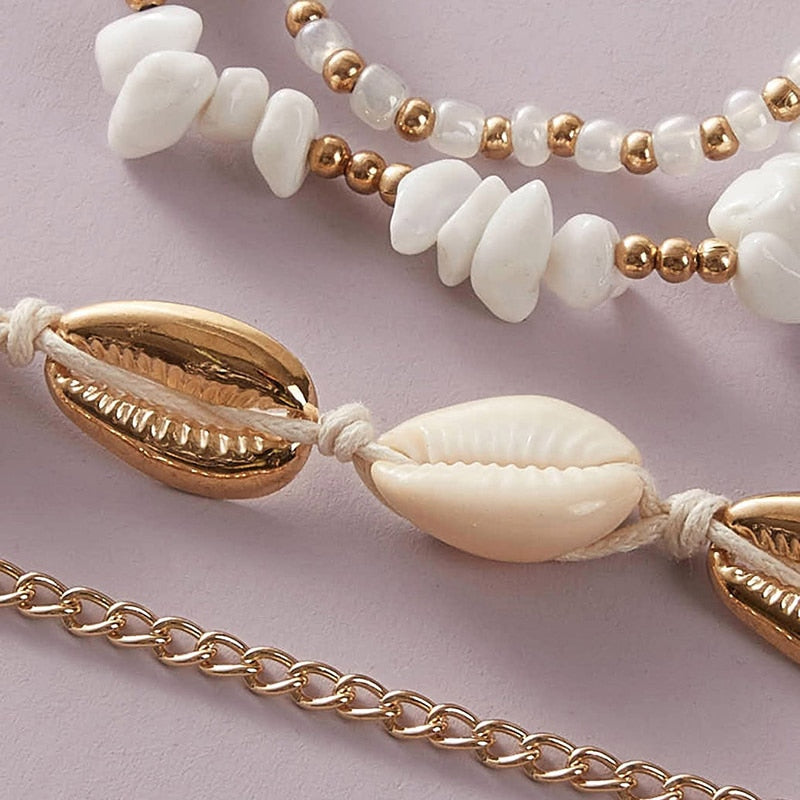 docona Boho Handmade Shell Seed Beads Anklet Set for Women Multilayer Broken Stones Summer Ocean Beach Foot Chains Jewelry 9426