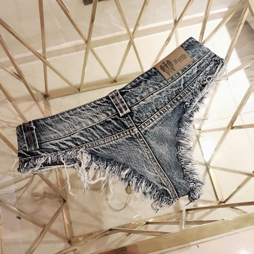 2021 New Women Sexy Low Waist Hole Tassel Denim Shorts Jeans Thong Short Feminino