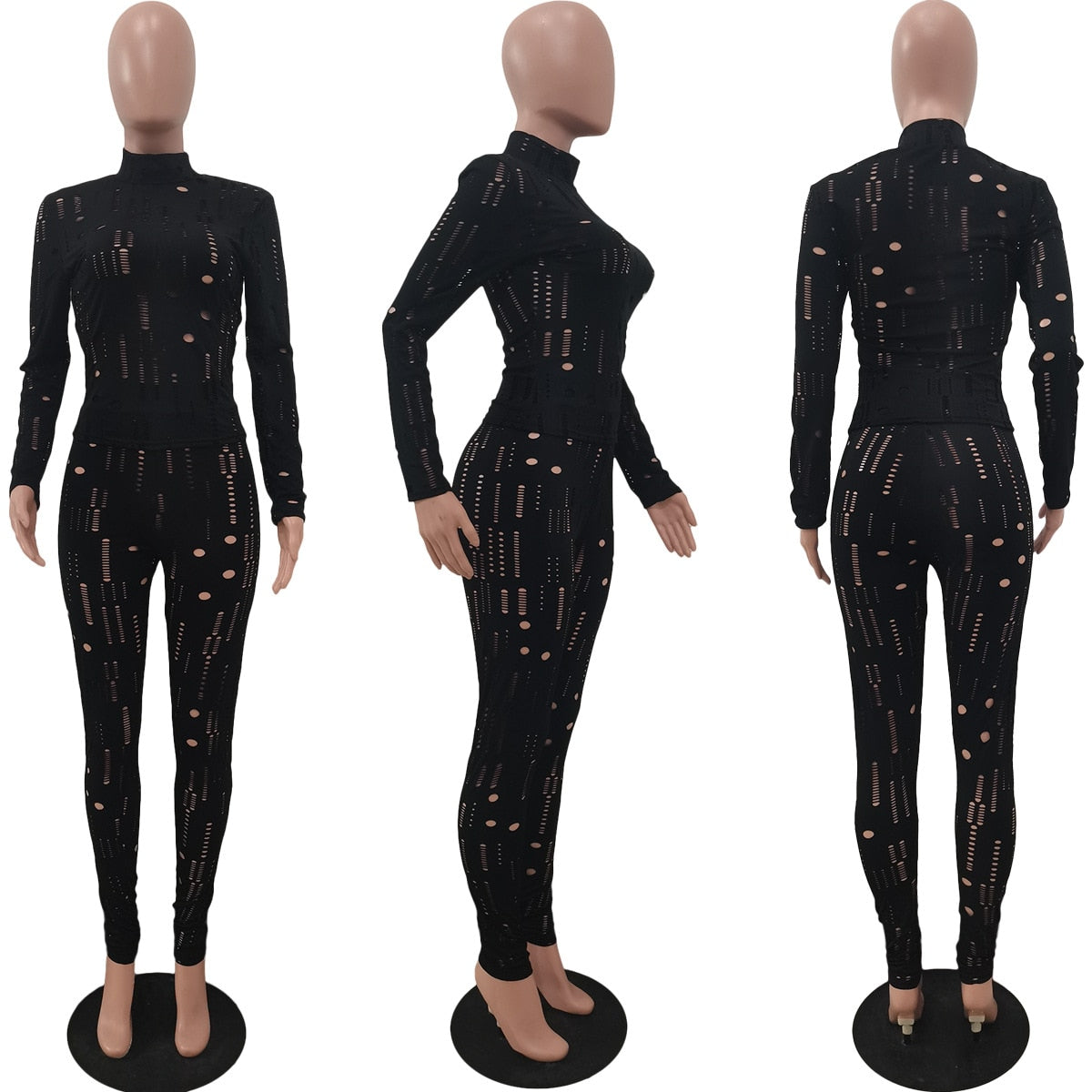 Irregular Hole Fall Trend Skinny  Women Tracksuit Sexy Hollow Out  Top T-Shirt + Slim Pencil Pants 2 Piece Matching Set Outfits