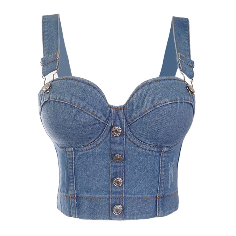 SXTHAENOO Fashion Sexy Denim Jeans Women's Button Bustier Bra Night Club Party Cropped Top Vest Plus Size