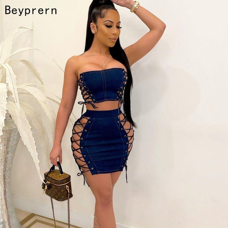 Beyprern Fashion Hollow Out Laced Denim Skirt Set (Navy) Summer Women  Jeans Crop Top And Bandage Set Two-Piece Outfits Clubwear