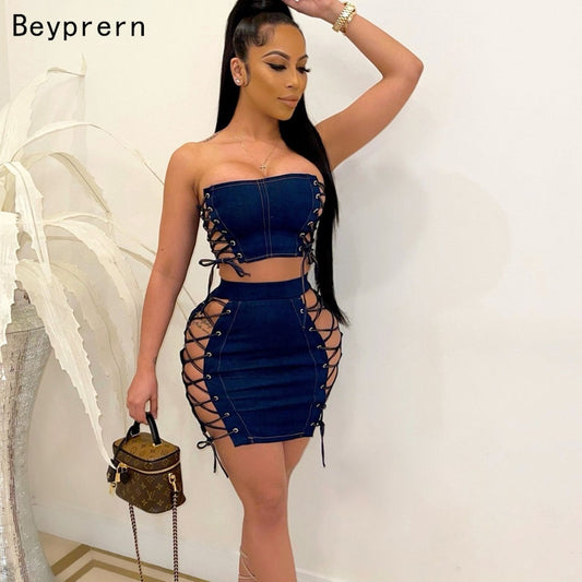 Beyprern Fashion Hollow Out Laced Denim Skirt Set (Navy) Summer Women  Jeans Crop Top And Bandage Set Two-Piece Outfits Clubwear