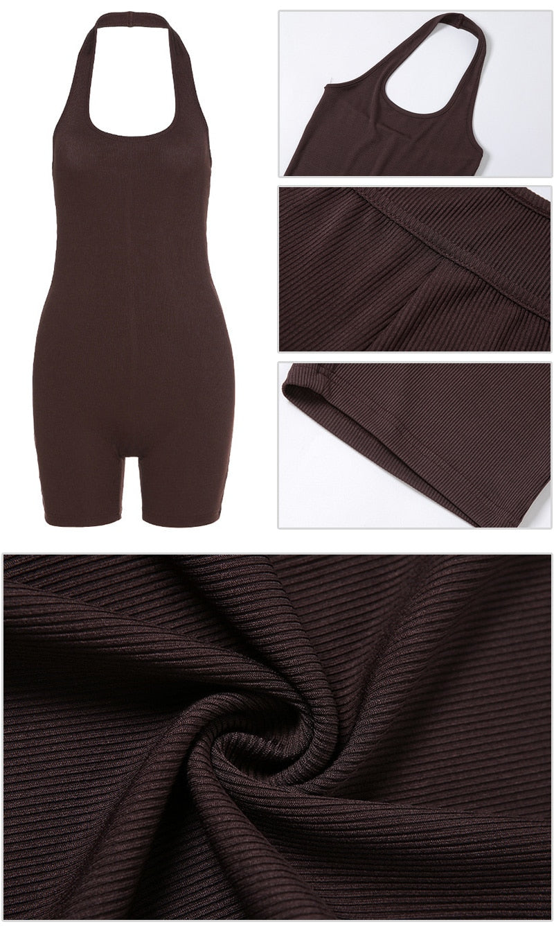 OEM Sleeveless Rib Knitted Bodycon Jumpsuits Women 2021 Casual Sport Short Rompers Ladies Black Spring Autumn Fitness Outfits