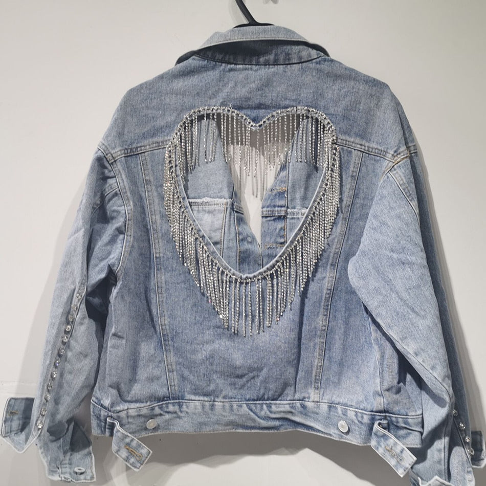 Denim Jacket Female Light Blue Diamond Tassel Coat Single-Breasted Open Back Women Jeans Coat 2021 Autumn Fashion New Clothing