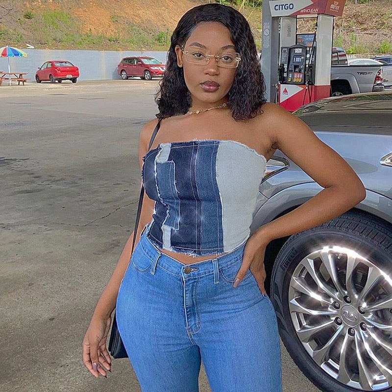 Sexy Patchwork Denim Crop Tops Women Streetwear Y2k Punk Laced Backless Tube Tank Top Party Club Busiter