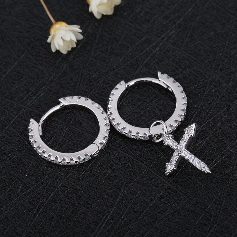 New Fashion Mini Zircon Cross Drop Pendant Hoop Earrings Hip Hop Asymmetric Dangle Earrings For Women Men Jewelry Ear Accessorie