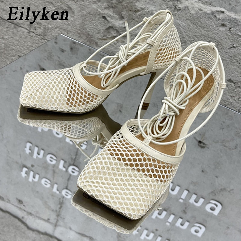 Eilyken 2022 New Sexy Yellow Mesh Pumps Sandals Female Square Toe High Heel Lace Up Cross-Tied Stiletto Hollow Dress Shoes