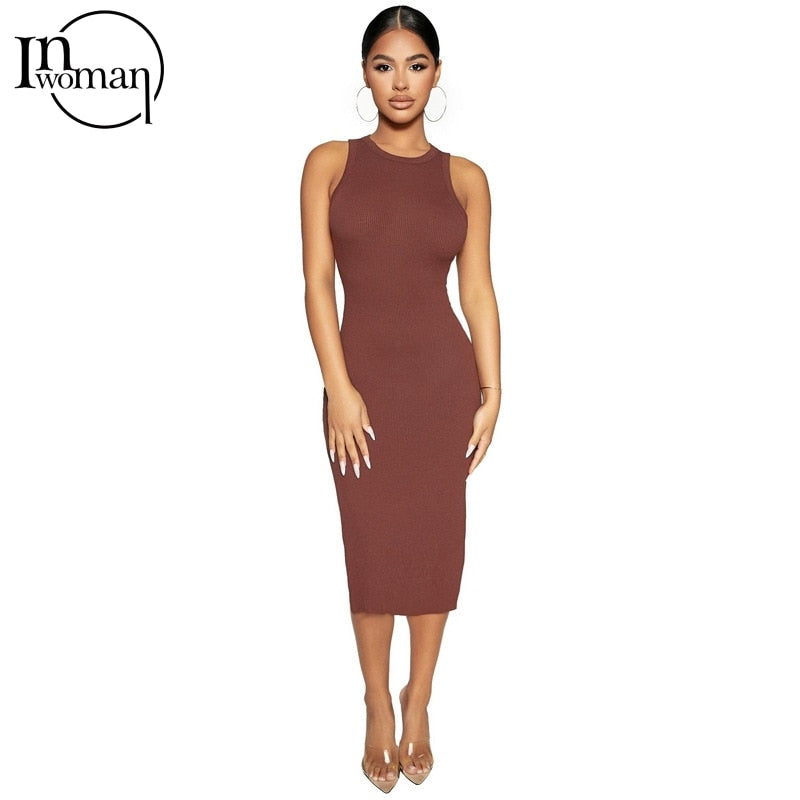 Inwoman Ribbed Knitted Summer Black White Maxi Dress For Women 2022 Sexy Bodycon Long Dress Sundress Ladies Brown Wrap Dresses