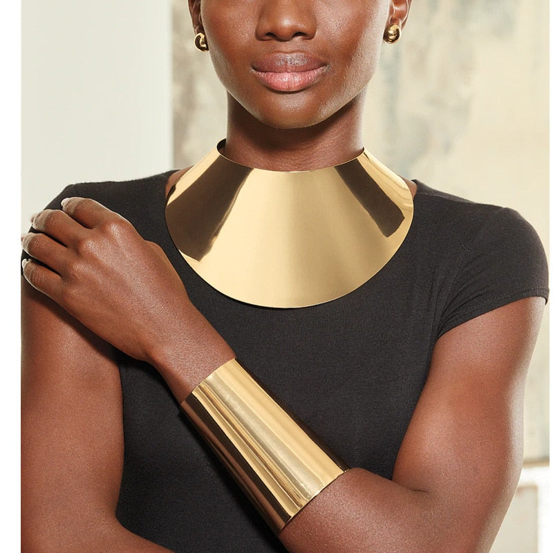 Liffly African Big Chokers Necklaces for Women Statement Metal Geometric Collar Necklace Bracelet Indian Party Jewelry Sets