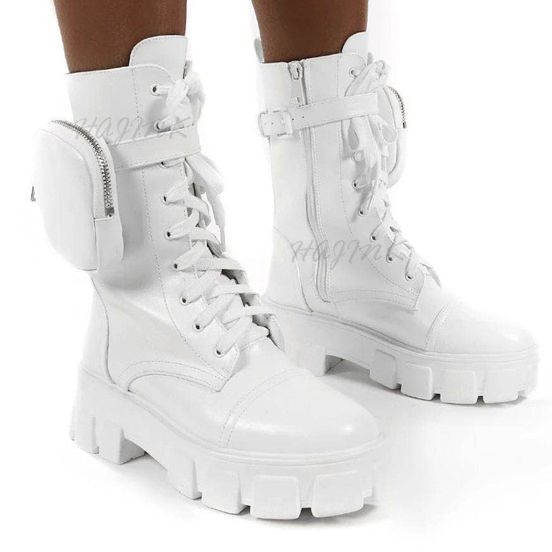 Women Boots 2020 Fashion Chunky Boots Pocket Platform Boots White Shoes For Women Autumn Winter Boots High Heels Botas Mujer