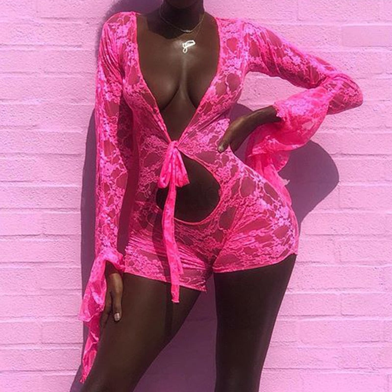 2021 Hot Sexy Women Mesh Sheer Hollow Out Rompers Onesies Shorts Pink Deep V-Neck Flare Sleeve Floral Bodycon Playsuit Jumpsuit