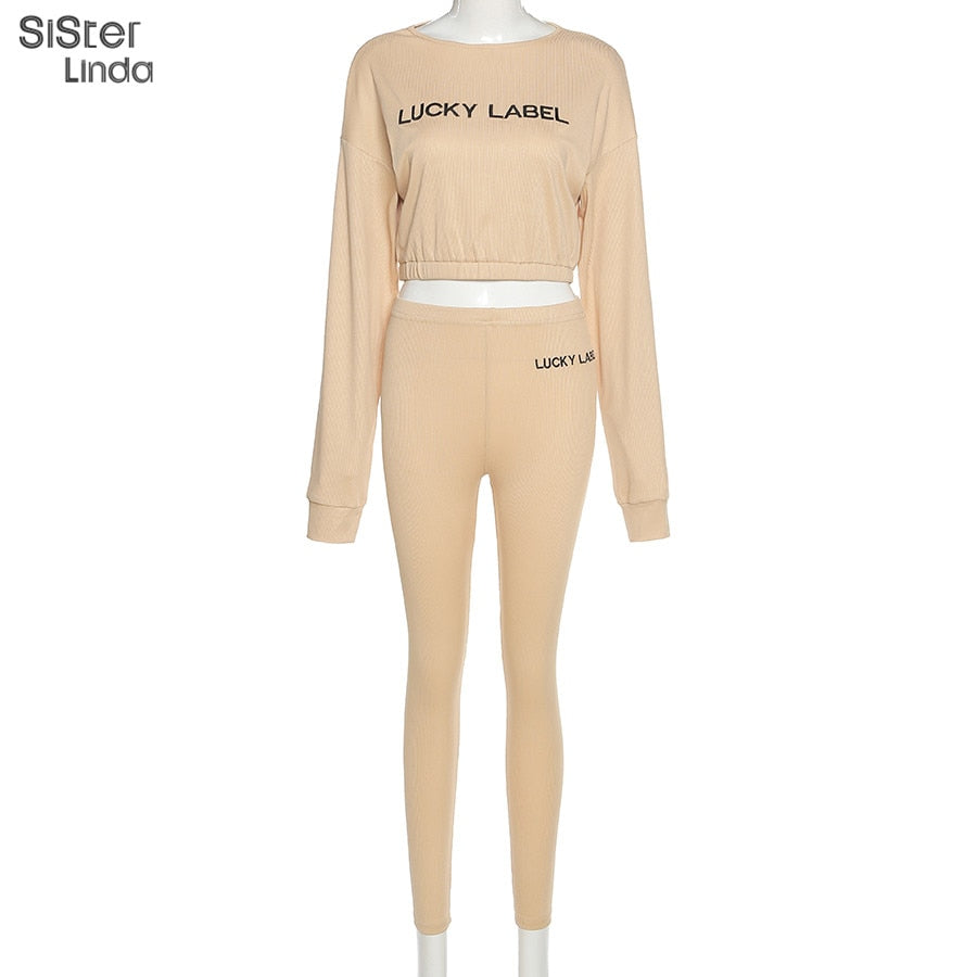 Fashion Rib Lucky Label 2 Piece Set Women Tracksuit Fall Crop Tops Leggings Casual Sweet High Stretch Jogger Outfits Streetwear