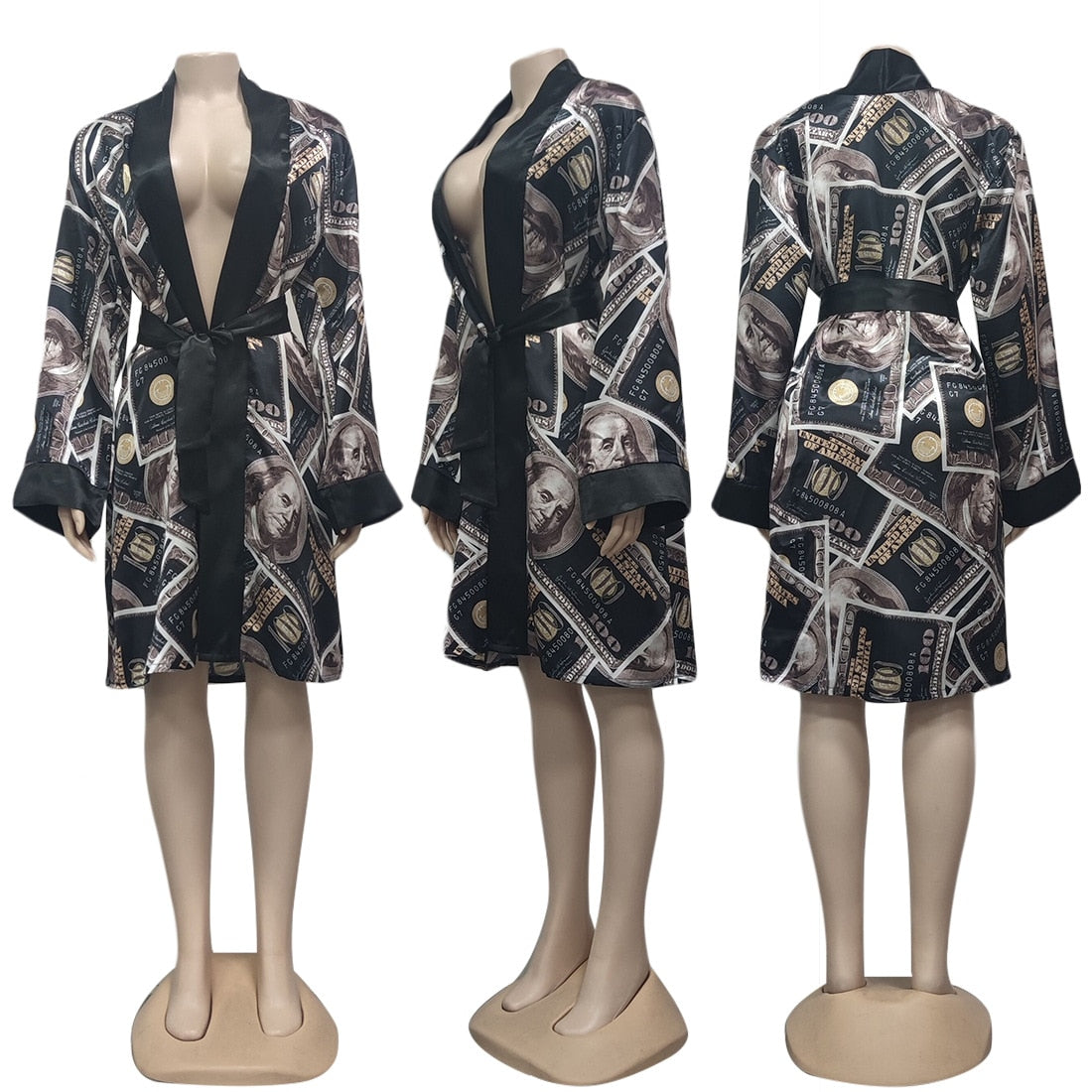 Bonnie Forest Womens Money Printed Sleep Mini Dress Lounge Wear 2022 New Fashion Belted Night Out Dress Homewear Party Club Robe
