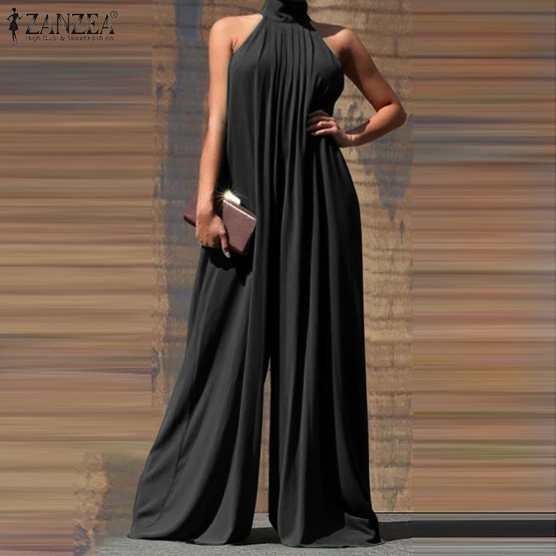Summer Fashion Wide Leg Rompers Women Elegant Solid Long Jumpsuits ZANZEA Party Sexy Sleeveless Playsuit Office Overall Dungaree