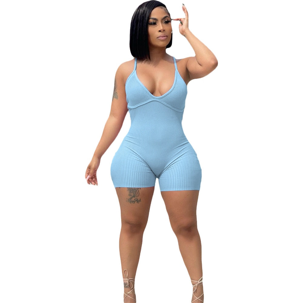 Women Solid Color Jumpsuit 2021 Summer Suspenders V-Neck Catsuit Sexy Outdoor Club Clothing