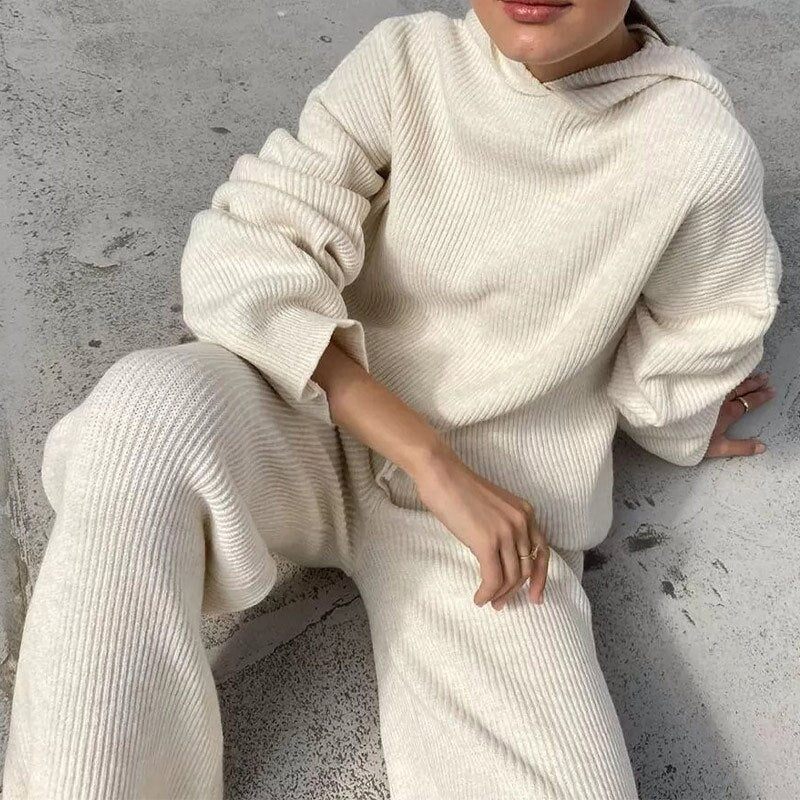 Autumn Knitted Sweat Suits Women Matching Sets Long Sleeve Hoodie+wide-legged Pants Loungewear Sweater Set Two Piece Outfits