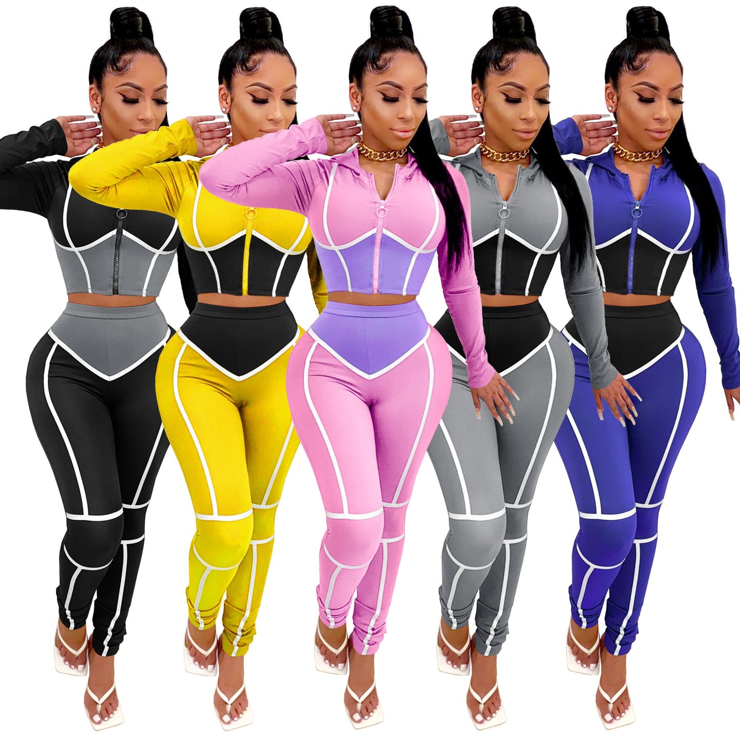 ANJAMANOR Caged Color Block Fashion Sweat Suits Women Tracksuit Zip Up Cropped Hoodie and Pants Two Piece Matching Sets D48-DE42