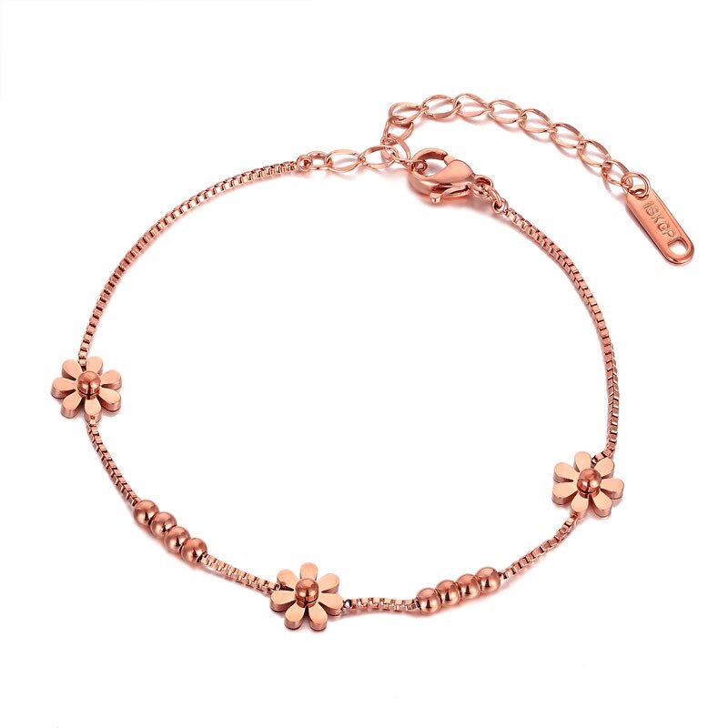 High Quality Box Chain Chrysanthemum And Beads Woman Anklet Top Quality Stainless Steel Gold And Rose Gold Color Anklet Gift
