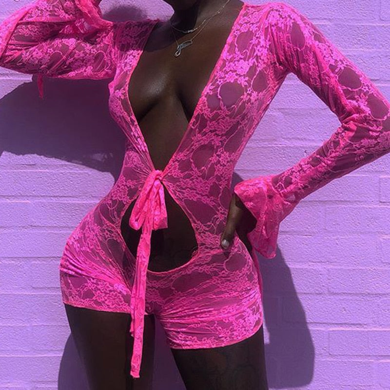 2021 Hot Sexy Women Mesh Sheer Hollow Out Rompers Onesies Shorts Pink Deep V-Neck Flare Sleeve Floral Bodycon Playsuit Jumpsuit