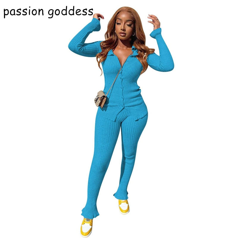 Autumn Women Knitted Tracksuit Long Sleeve Cardigan Sweater Skinny Pants Two Piece Set Ribbed Leggings Streetwear Outfits Ladies