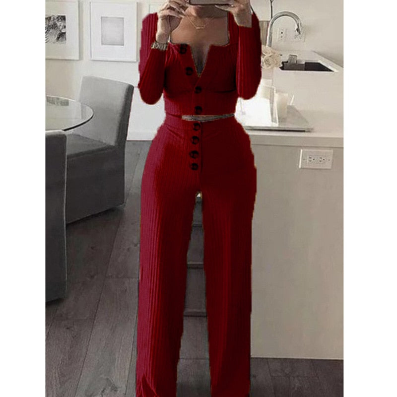 Cardigan Slim Two Piece Set Women Knitted Tracksuit Sexy Crop Top Pants Solid Color Sweatpants Fitness Sweatsuit 2020 Fall