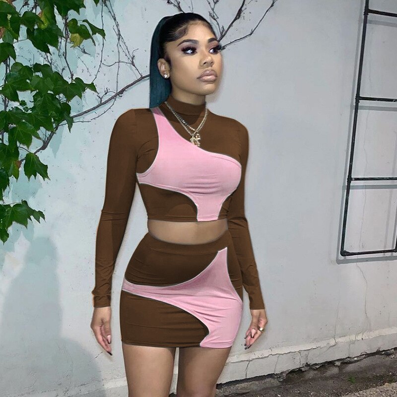 ANJAMANOR Sexy Colorblock Two Piece Set Long Sleeve Crop Top and Mini Skirt Suits for Women 2021 Clubwear Bodycon Dress D85-CF24
