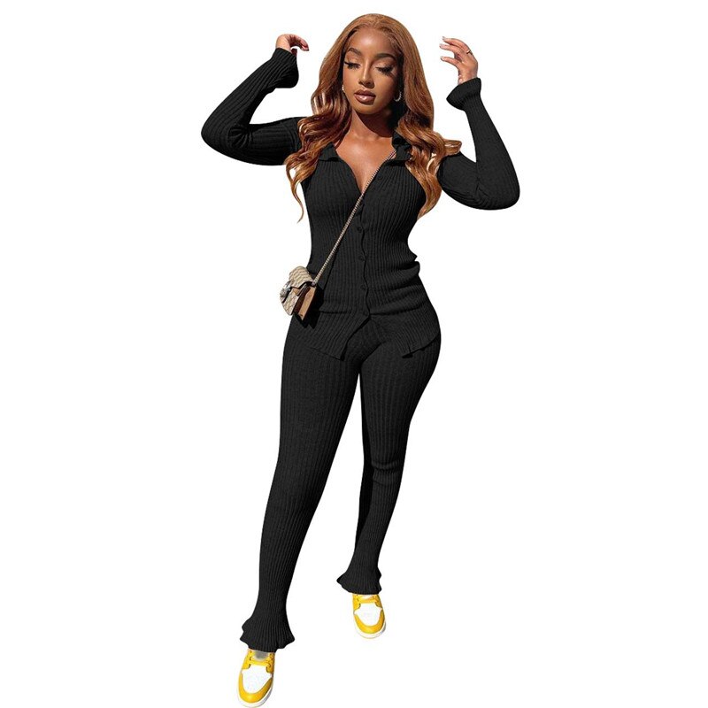 Autumn Women Knitted Tracksuit Long Sleeve Cardigan Sweater Skinny Pants Two Piece Set Ribbed Leggings Streetwear Outfits Ladies