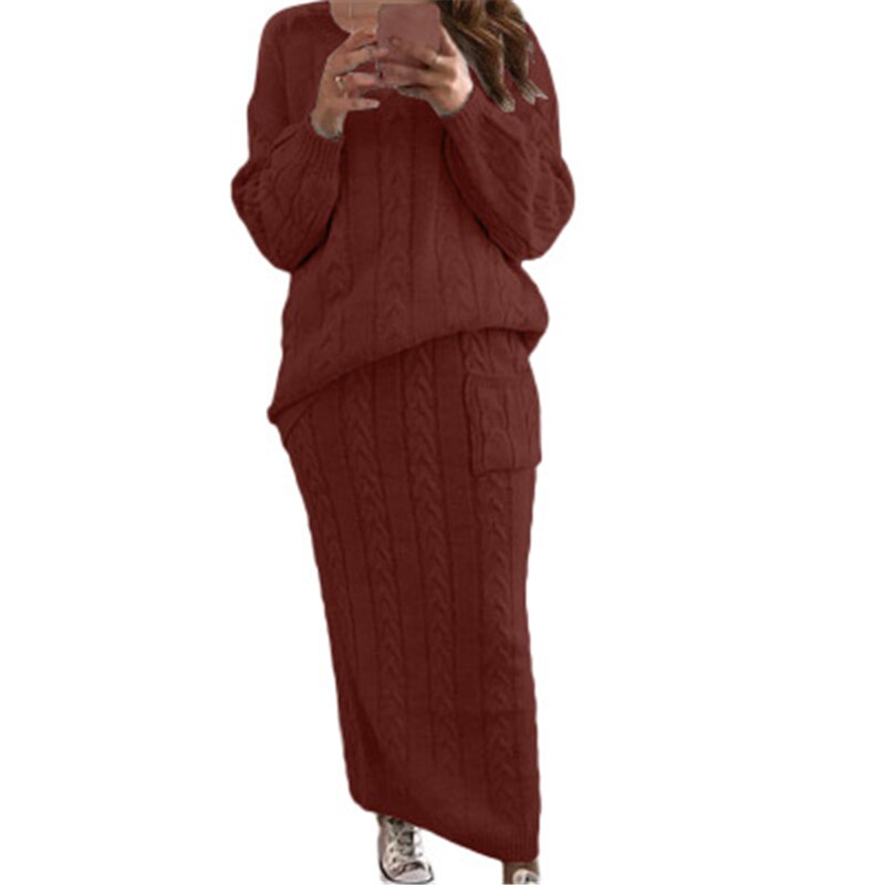 Fashion Streetwear Ribbed Knitted 2 Piece Outfits Full Sleeve Sweater Matching Set Plus Size Skirt Elegant Casual Fall Clothing