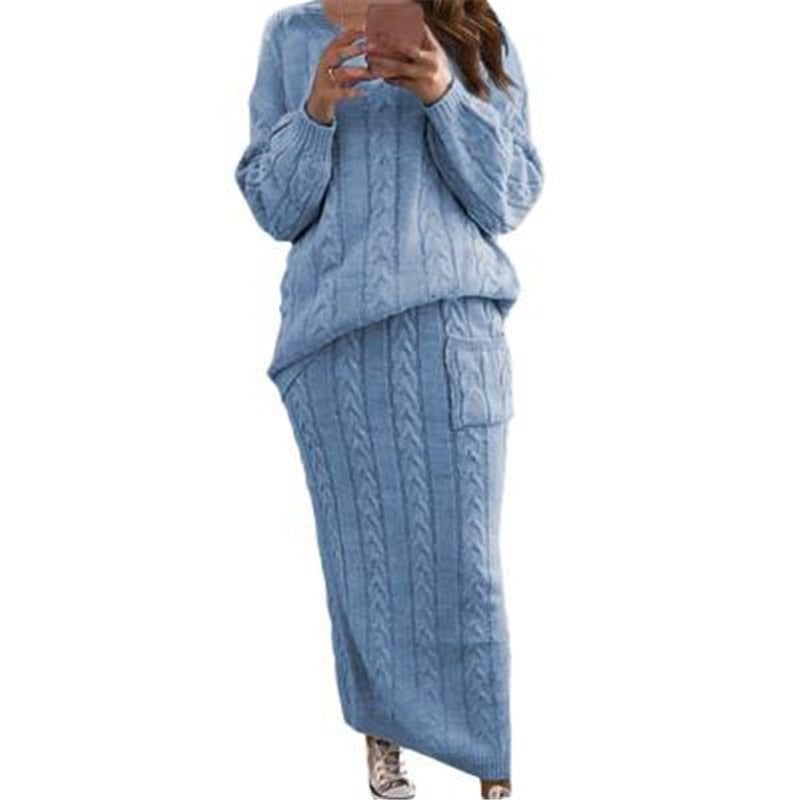 Fashion Streetwear Ribbed Knitted 2 Piece Outfits Full Sleeve Sweater Matching Set Plus Size Skirt Elegant Casual Fall Clothing