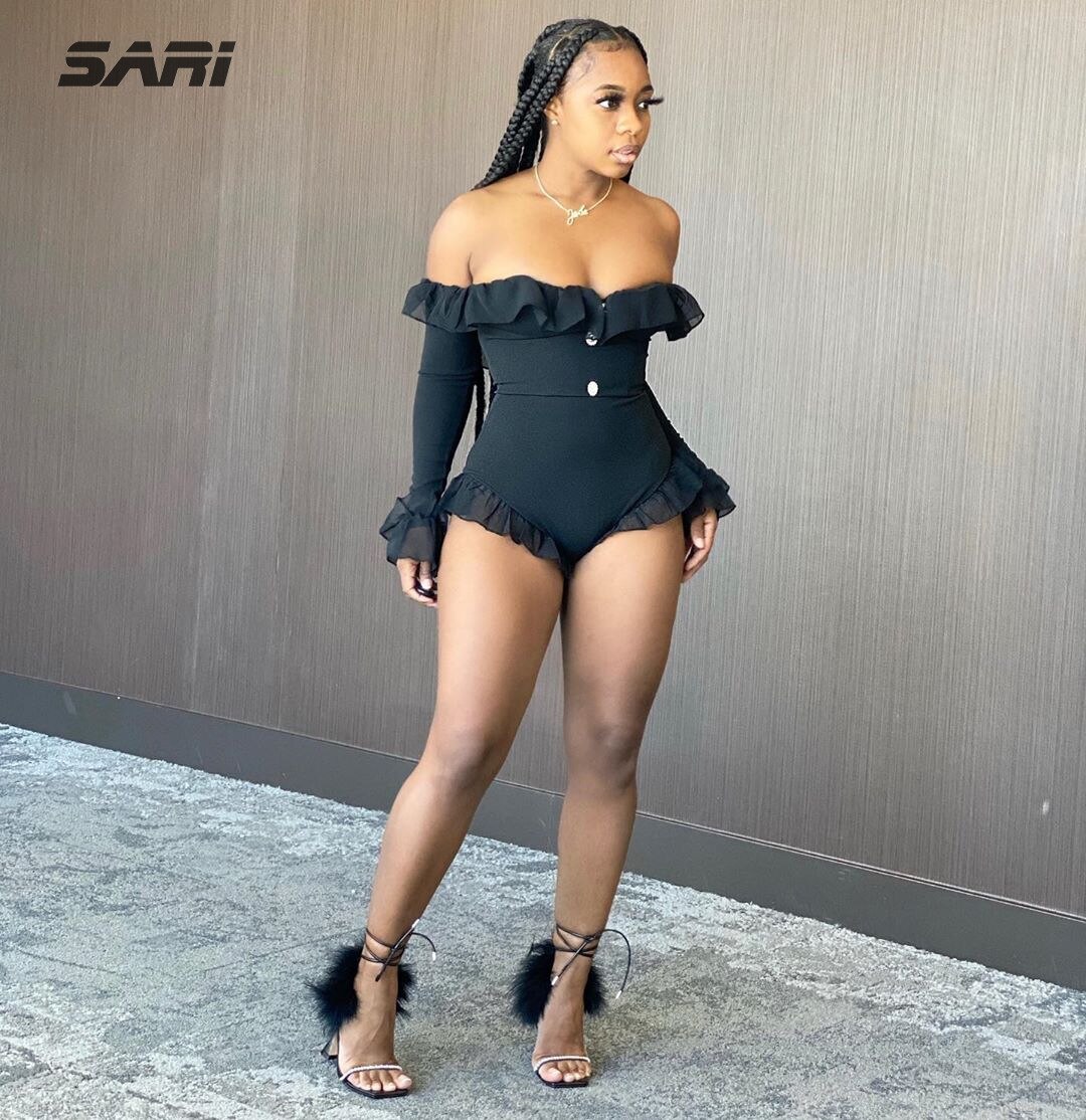 Sexy Solid Ruffle Slash Neck Jumpsuit Women Flare Long Sleeve Top Shorts Swimsuit New Mesh Patchwork Outfits For Women