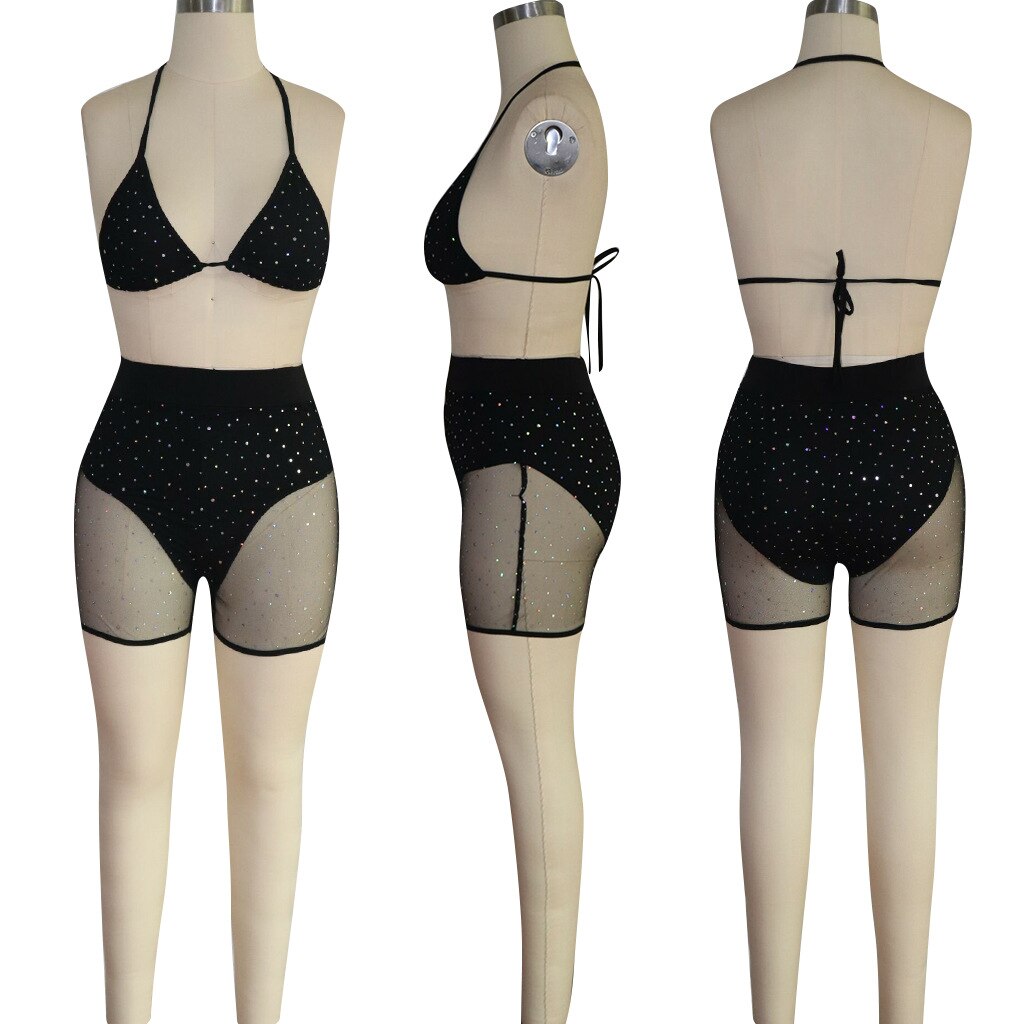 ANJAMANOR Sequin Mesh Black Sexy Two Peice Set Crop Top Shorts Summer Club Outfits for Women Clothes 2021 Matching Sets D41-CE15