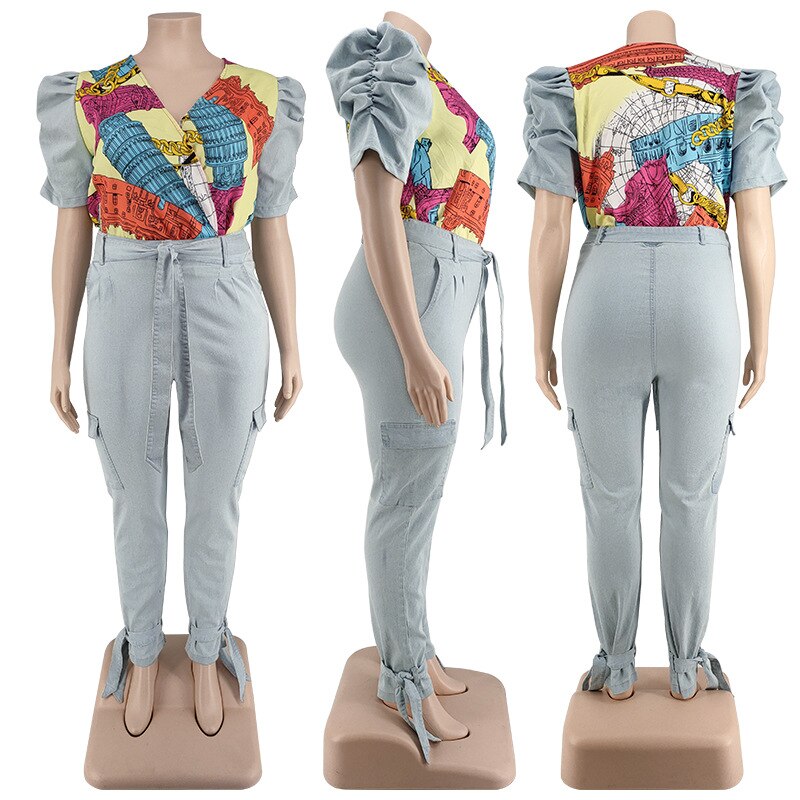 Plus Size Tracksuit Women Two Piece Set Autumn Clothes Denim V Neck Top and Jeans Pants Leisure Suits Female Casual Outfits