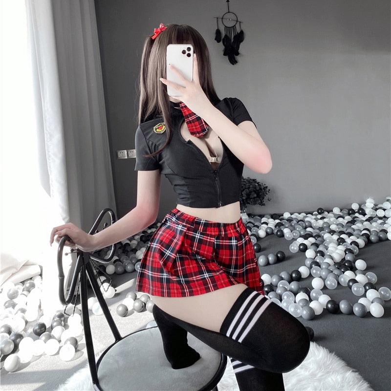 Tartan Patchwork Japanese Schoolgirl Cosplay Uniform Set Sexy JK Embroidery Pleated Role Playing Costume With Plaid Skirt Socks