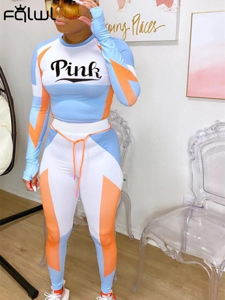 FQLWL Streetwear Tracksuit Joggers Women 2 Two Piece Set Outfits Tshirt Crop Top Female Fall 2020 Sweat suit Matching Sets Women