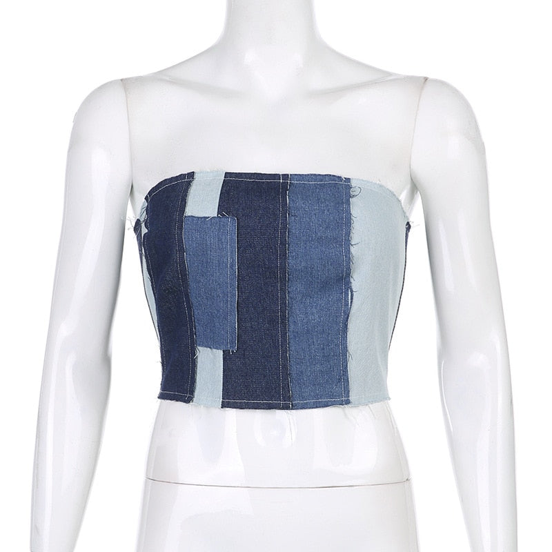 Sexy Patchwork Denim Crop Tops Women Streetwear Y2k Punk Laced Backless Tube Tank Top Party Club Busiter
