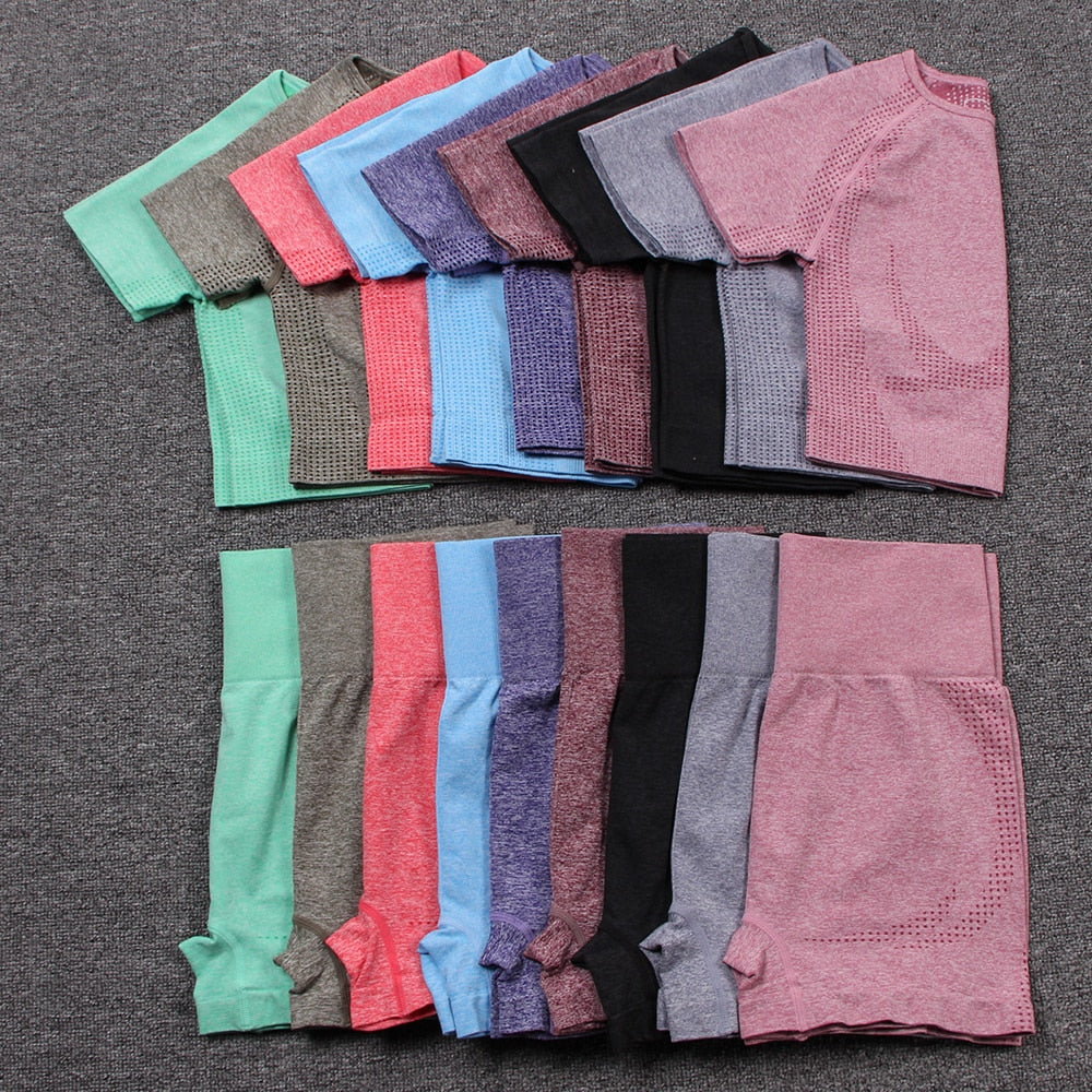 Seamless Yoga Set Fitness Sport Suits Sportswear Gym Set Short Sleeve Gym Crop Top High Waist Shorts Workout Clothes For Women