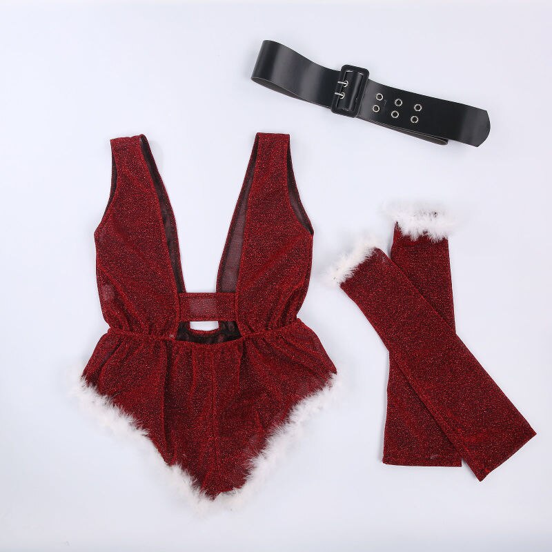 Christmas Bodysuit Women Sexy Deep-V Neck Rompers Hat Sleeve Bodysuit 4 Piece Set Santa Suit Christmas Party Sexy Lingerie