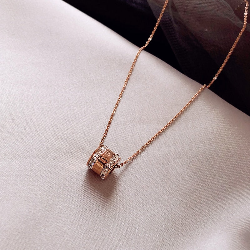 Luxury Famous Brand Jewelry Rose Gold Stainless Steel Roman numeral crystal necklace Female Charm necklace For Women