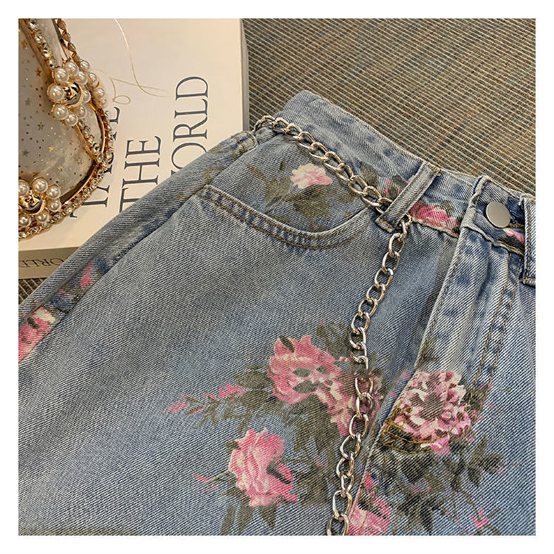 Streetwear Vintage Flowers Print Long Denim Skirts Summer 2021 High Waist Slim Sexy Open Split Straight Skirt Jeans Saias Female