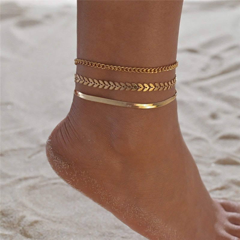 Bohemia Gold Silver Color Chain Ankle Bracelet On Leg Foot Jewelry Boho Pineapple Star Charm Anklet Set For Women Accessories