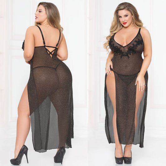 Sexy Hot Sleeping Dress For Women  Lace Long Lingerie Embroidery Night Dress Deep V Open Back Plus Size Fat MM  Black Sleepwear
