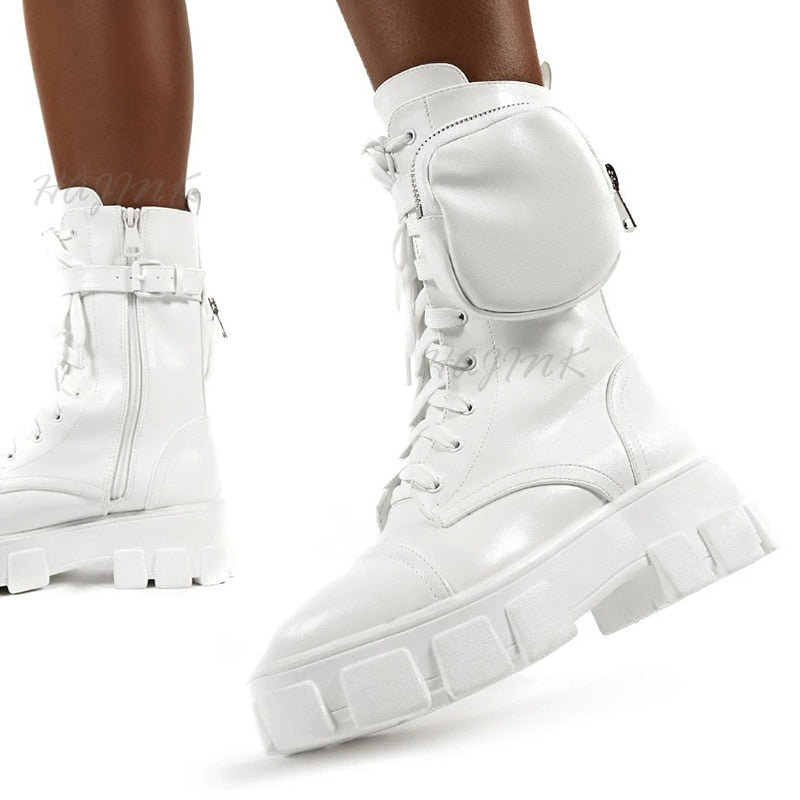 Women Boots 2020 Fashion Chunky Boots Pocket Platform Boots White Shoes For Women Autumn Winter Boots High Heels Botas Mujer