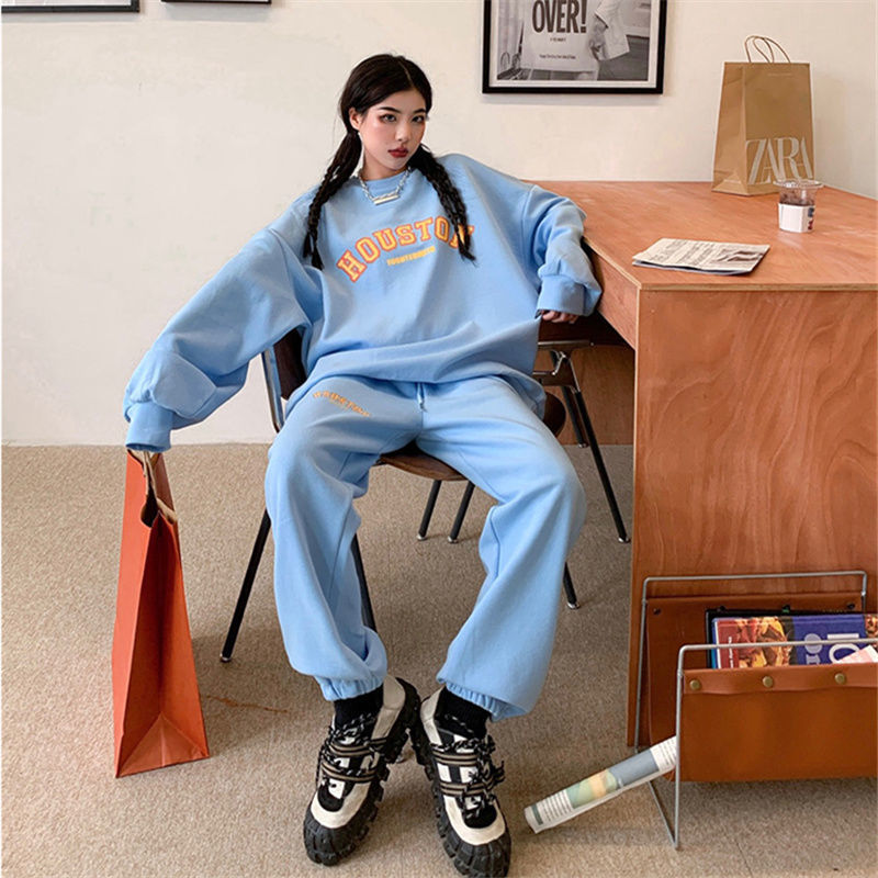 Fashion leisure sports suit women 2021 spring and autumn new American hip-hop style loose sweater and trousers two-piece suit