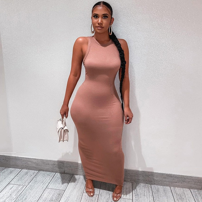 Inwoman Ribbed Knitted Summer Black White Maxi Dress For Women 2022 Sexy Bodycon Long Dress Sundress Ladies Brown Wrap Dresses