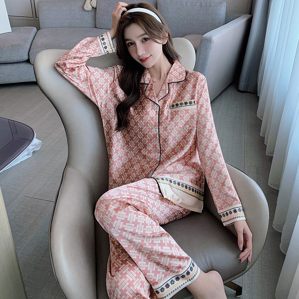 2022 New Spring Satin Silk Home Plaid Trouser Suit oversized 5XL Adult Costume Women's Pajamas for Sleep Luxury Nightwear